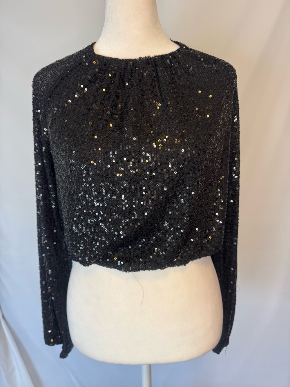 Sincerly Jules Black Sequin Long-Sleeve Crop Blouse, Button Closure in back